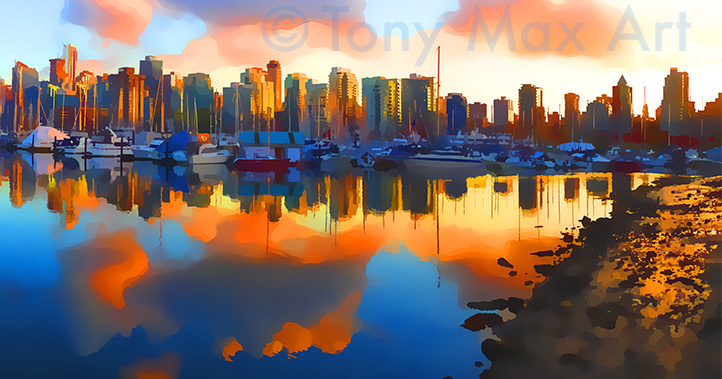 "Coal Harbour Sunset – Horizontal" – Vancouver art by Tony Max