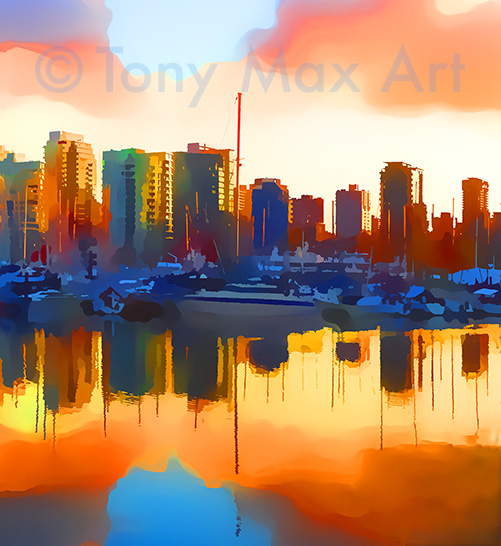 "Coal Harbour Sunset – Almost Square Snippet" – Vancouver art by Tony Max