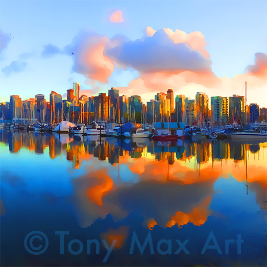 "Coal Harbour Sunset – Center" – Vancouver paintings by artist Tony Max