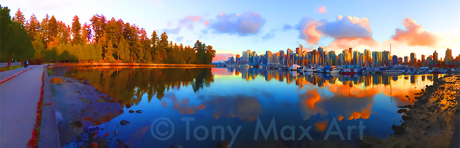 "Coal Harbour Sunset (Panorama) -  Vancouver art prints by artist Tony Max