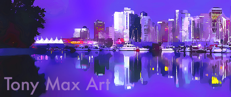 "Coal Harbour &ndash; Violet Twilight &ndash; Panorama" &ndash; Vancouver paintings by artist Tony Max