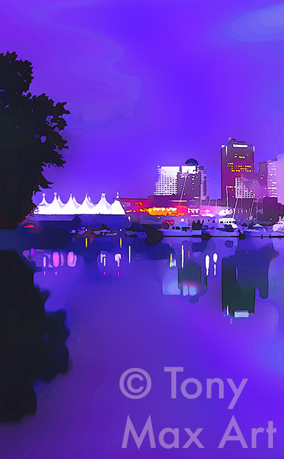 "Coal Harbour &ndash; Violet Twilight &ndash; Vertical &ndash; Vancouver paintings by Canadian artist Tony Max