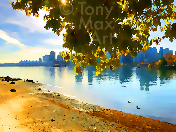 "Coal Harbour with Fall Leaves" – Stanley Park paintings by Tony Max