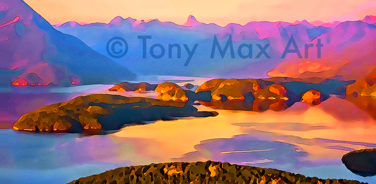 "Coastal Vista 101".  Museum-quality, archival, original, limited edition, signed and numbered, mixed media inkjet canvas art prints of British Columbia by painter Tony Max.