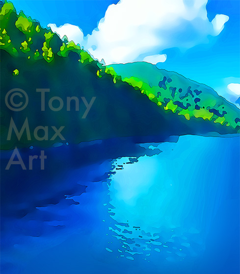 "Coastal Vista 14 – Blue Reflections – Almost Square" –  B. C. coastal art prints by artist Tony Max
