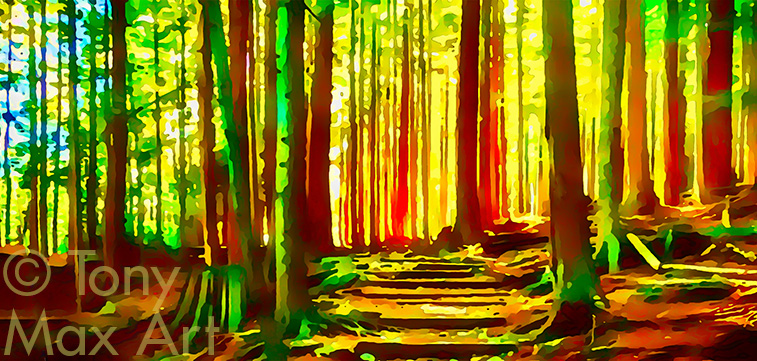 Colorful Wooded Trail – Horizontal" – Canadian wilderness art by artist Tony Max