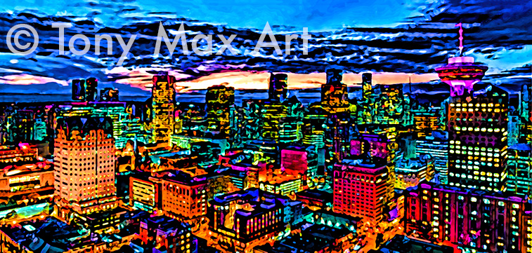 "Downtown Dusk Towers &ndash; Horizontal" &ndash; Vancouver paintings by Canadian painter Tony Max