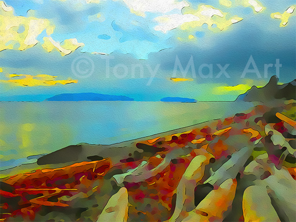 "Driftwood Beach – Cloud Break – Horizontal" – B. C. coastal art prints by Canadian painter-artist Tony Max
