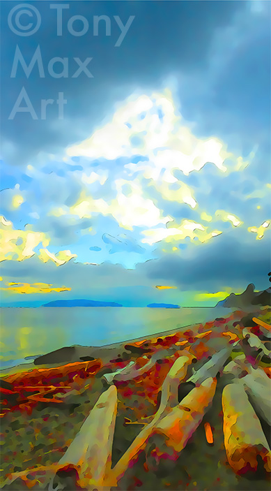 "Driftwood Beach – Cloud Break – Vertical"  "Arbutus Outlook 1" – Museum-quality, archival, original, limited edition, signed and numbered, mixed media inkjet canvas art prints of British Columbia by legendary painter Tony Max.