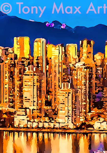 "Faalse Creek &ndash; Orange-Yellow Towers &ndash; Tall" - Vncouver art by artist Tony Max