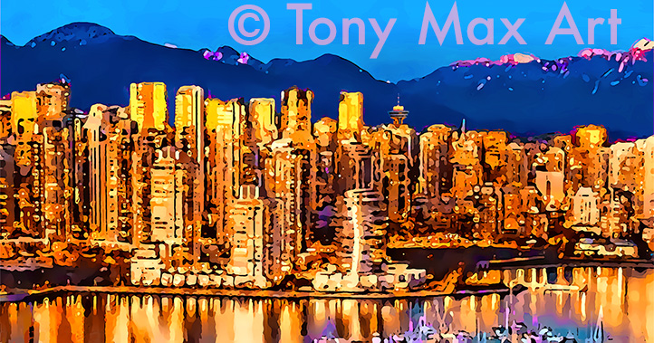 "False Creek &ndash; Orange-Yellow Towers &ndash; Overview"- Vancouver paintings by painter Tony Max