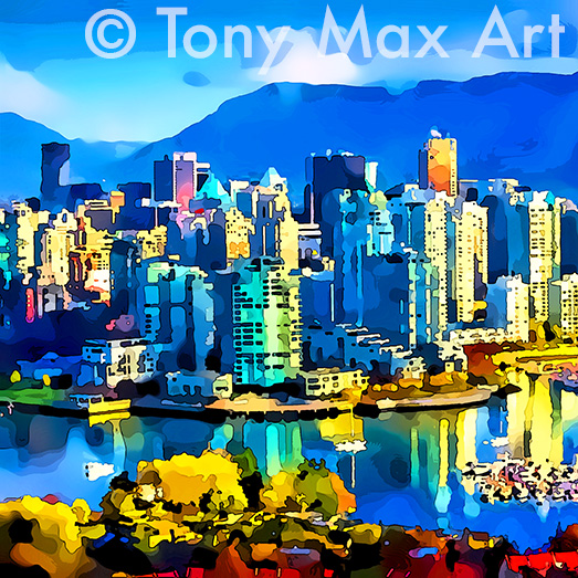 "False Creek Overview &ndash; Square &ndash; Left" &ndash; Vancouver paintings by artist Tony Max