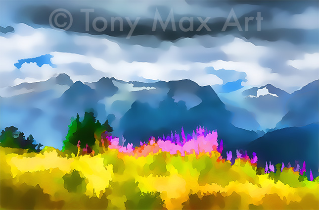 "Fireweed and Lupines – Long" – British Columbia.paintings by artist Tony Max