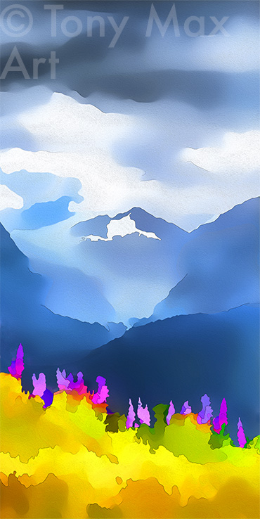 "Fireweed and Lupines – Tall".  British Columbia mountain art by painter Tony Max