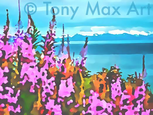 "Fireweed by the Shore – Pale" -  British Columbia landscape art prints by artist Tony Max
