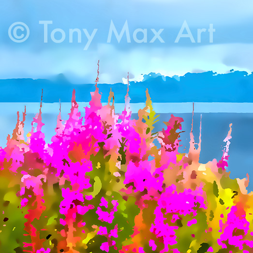 "Fireweed by The Shore – Square" - Nature art prints by Canadian artist Tony Max