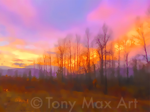 "Fraser Valley – Blazing Sky Horizontal" –  Fraser Valley paintings by artist Tony Max