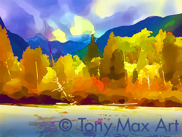 "Golden Ears – Autumn Floodplain" –  British Columbia visual art prints by artist Tony Max