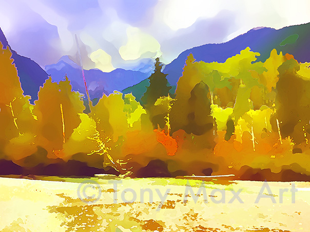 "Golden Ears – Autumn Floodplain" –  British Columbia visual art prints by artist Tony Max
