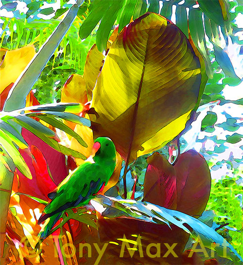 Green Parrot – Colorful Jungle – fine art of the tropics by Tony Max
