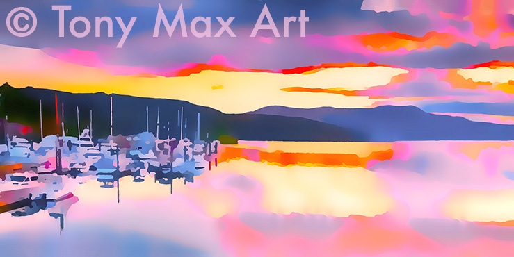 "Harbour 1 – Panorama".  British Columbia marine art by painter Tony Max