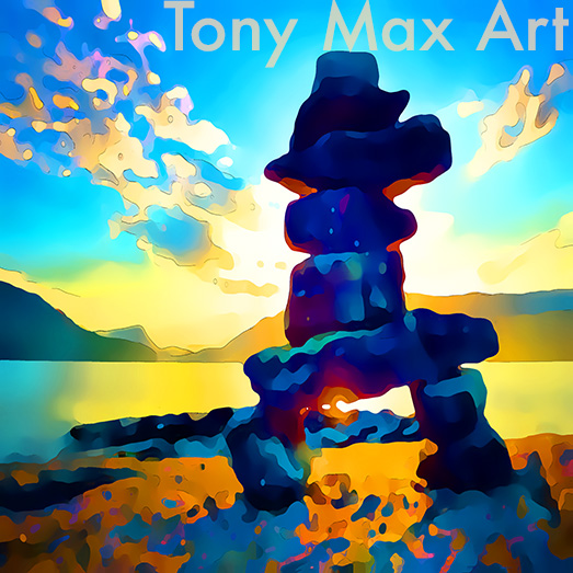 "Inukshuk Backlit – Square" – Canadian arctic art by artist Tony Max