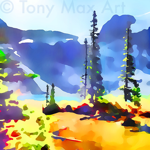 "Joffre Lake – Thin Trees – Square" – British Columbia art by painter Tony Max