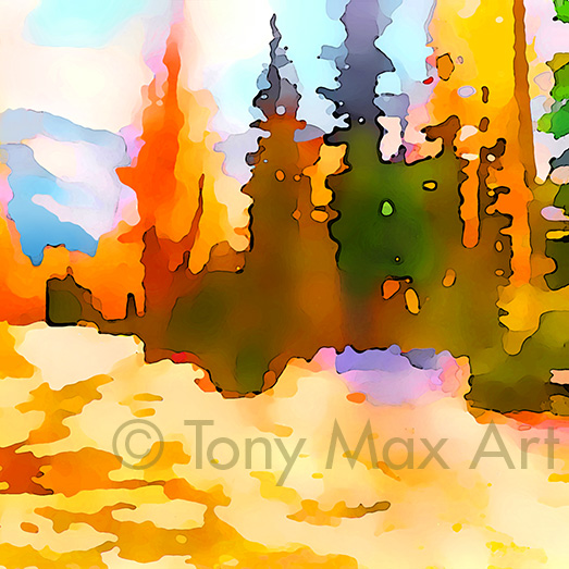 "Larches in Fall – Square" – British Columbia art by painter Tony Max