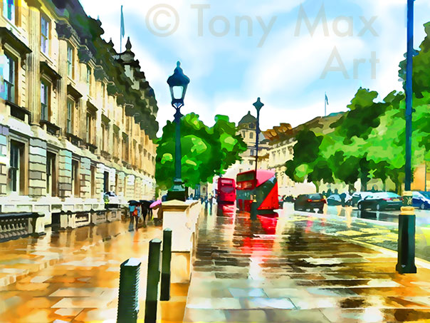 "London – Two Red Buses – Horizontal" –  London art prints by artist Tony Max