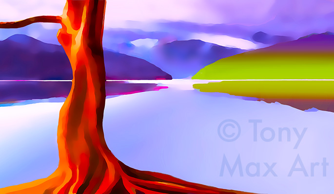 "Lone Tree – Calm Inlet – Horizontal" by artist Tony Max