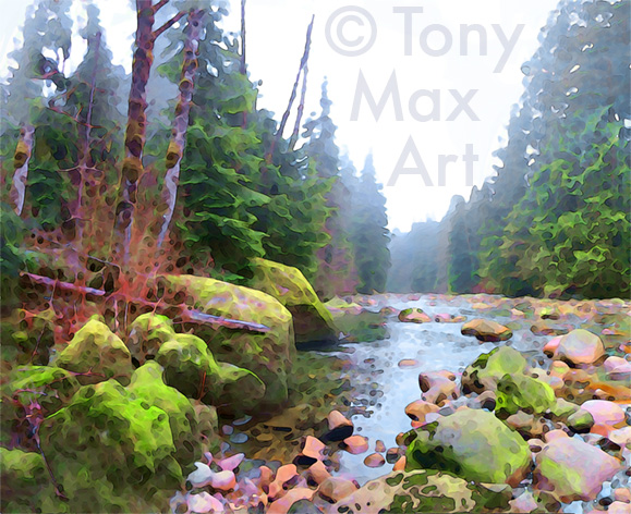 Lynn Creek in the Mist  – art of Vancouver by Tony Max
