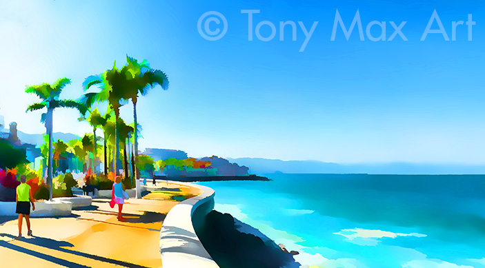 "Malecon Morning – Walkers Closeup" – Mexico art prints by artist Tony Max