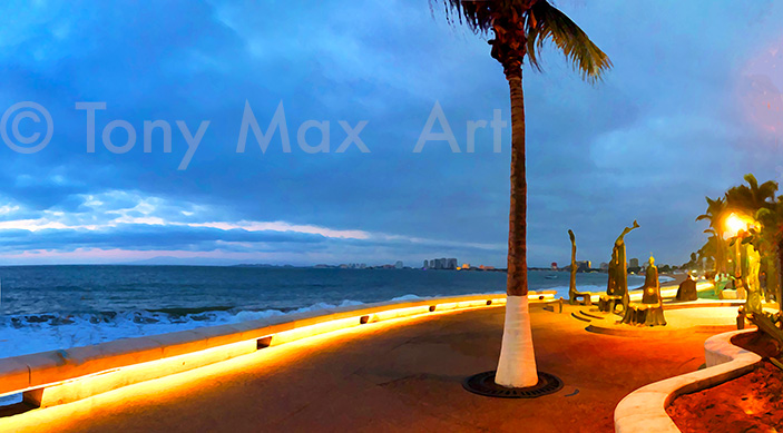 "Malecon Statues – Evening Glow (Sky) – Mexico art prints by Tony Max