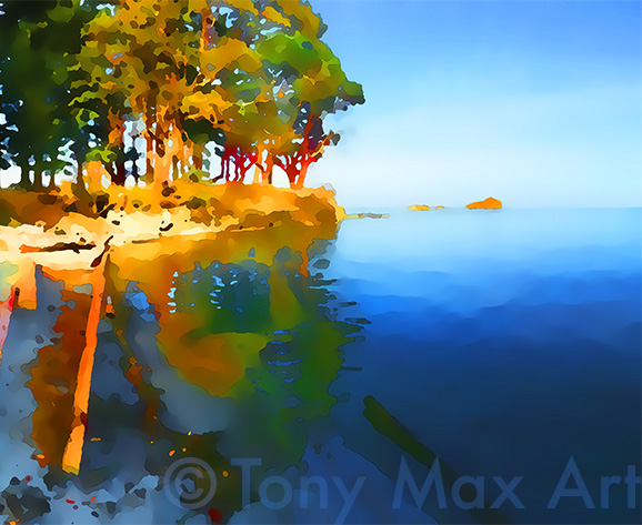 "Morning Beach – Long Log" - art of Southern Gulf Islands by British Columbia artist Tony Max
