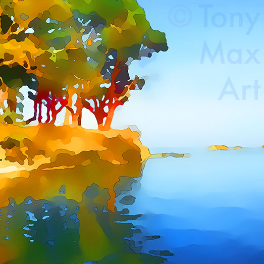 "Morning Beach Square Close-up" – arbutus trees wall decor by artist Tony Max