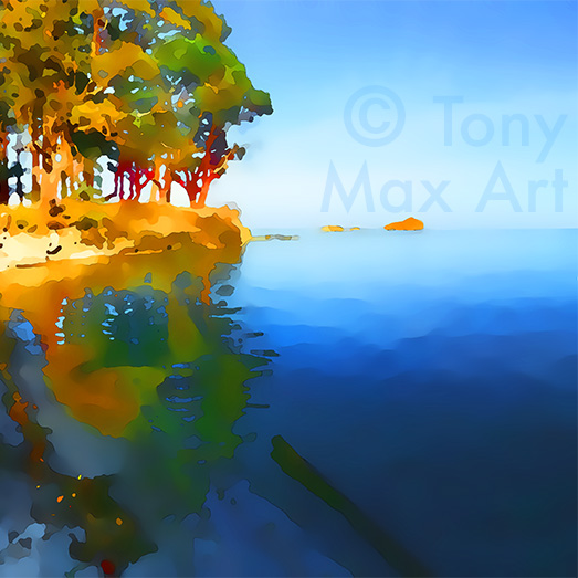 "Morning Beach Square Overview" – arbutus trees wall decor by artist Tony Max