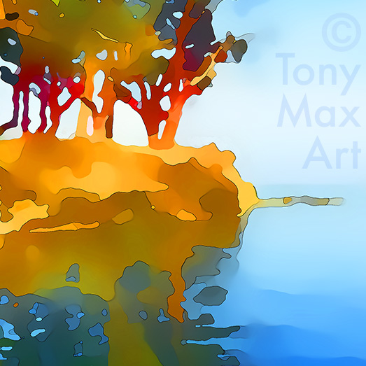 "Morning Beach – Square Very Close-up" – arbutus trees paintings by artist Tony Max