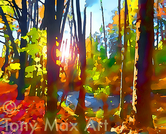 "Mosquito Creek in Fall – Horizontal" – visual art by printmaker Tony Max