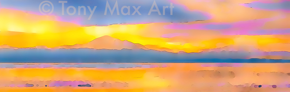 "Mount Baker Sunup – Panorama" – marine landscape art by artist Tony Max