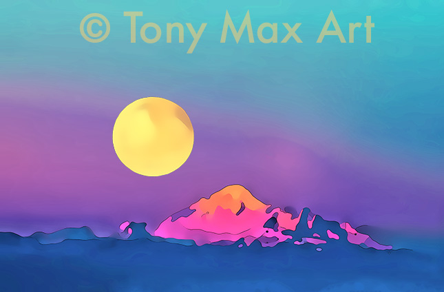 "Mount Baker and Moon" – Washington state art by artist Tony Max