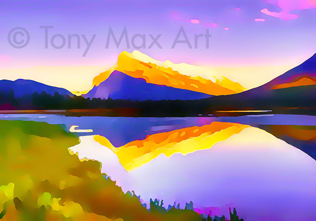 "Moutn Rundle and Vermillion Lake 3- Alberta paintings by Canadian artist Tony Max
