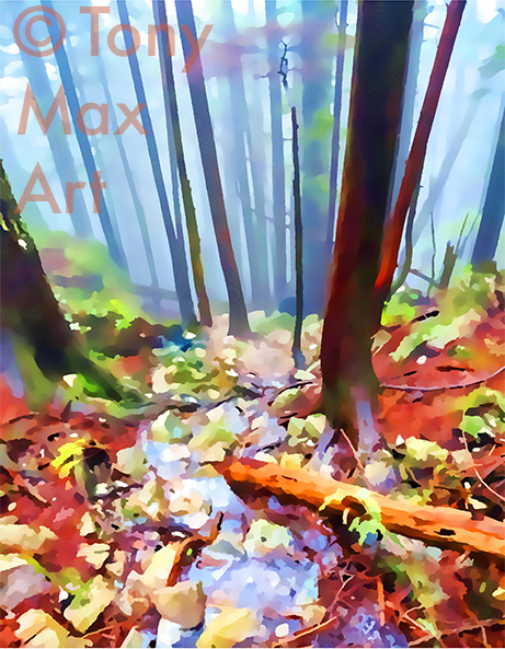 "Mountain Forest Stream – Moderately Vertical" – art of British Columbia by painter Tony Max