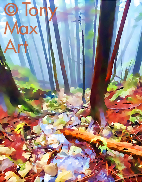 "Mountain Forest Stream – Moderately Vertical" – art of British Columbia by painter Tony Max