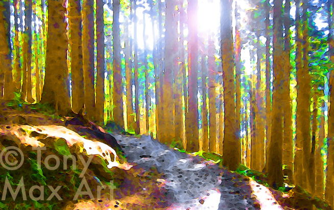 "Mountain Forest Trail – Realistic" -  British Columbia visual art prints by artist Tony Max