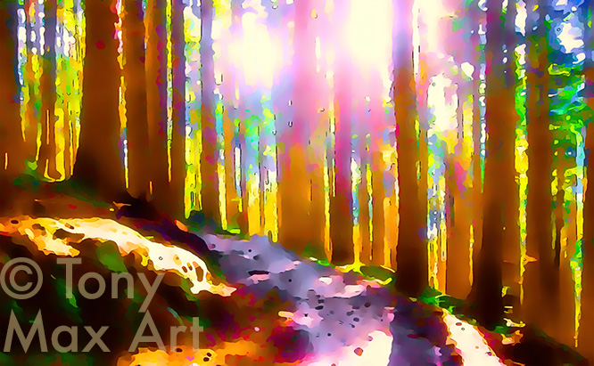 "Mountain Forest Trail – Impressionist" -  British Columbia visual art prints by artist Tony Max
