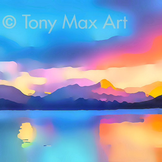 "Mountain Grandeur 5 – Square" – Northern Canada paintings by painter Tony Max