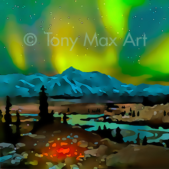 "Northern Lights 1 – Square" – Yukon paintings by painter Tony Max