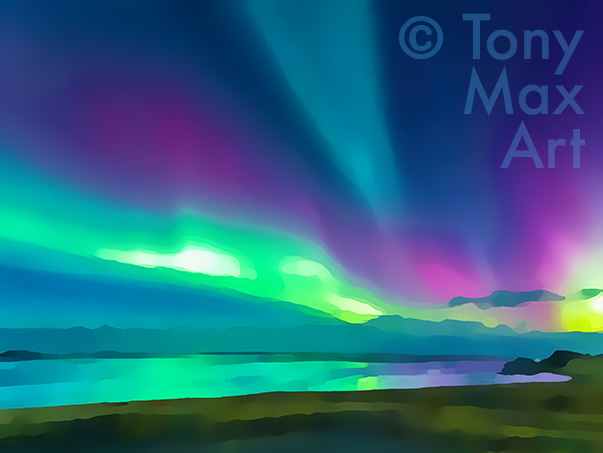 "Northern Lights 6 – Horizontal" – auroa borealis paintings by artist Tony Max