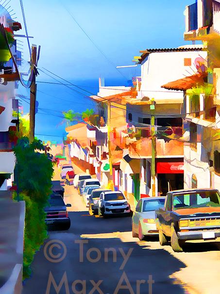 "Old Mexican Seaside Street" – Mexico art prints by artist Tony Max