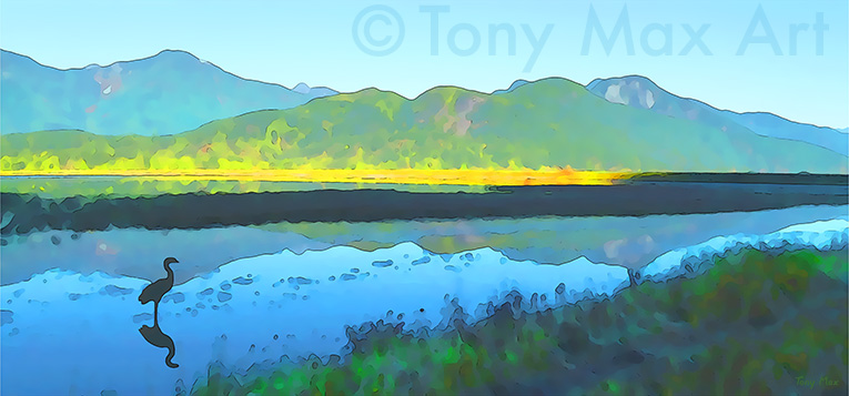 "Pitt Ecological Reserve – Heron – Long" – Fraser Valley art prints by Tony Max